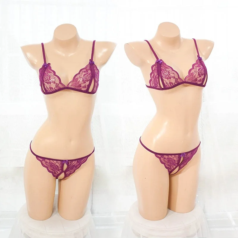 Women's Erotic Lingerie Transparent Crotchless Lace Sexy Underwear Bra Pants Exotic Apparel Pajamas Hot 8 Colors 2pcs Set