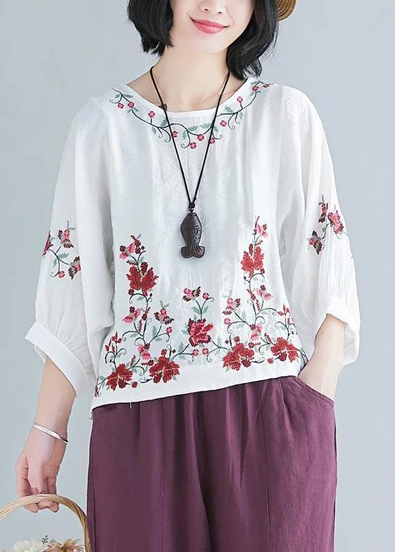 Chic White Embroideried Shirt Summer Cotton Linen