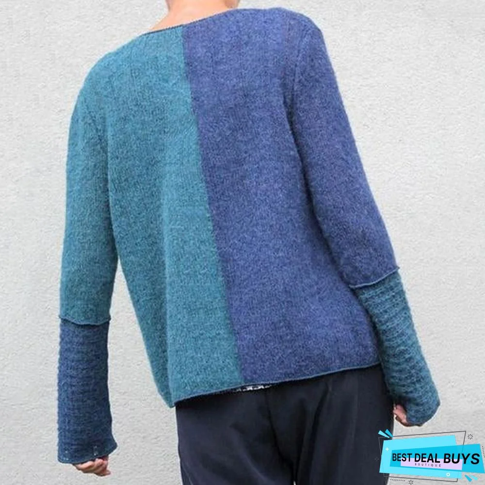 Blue Knitted Casual Sweaters