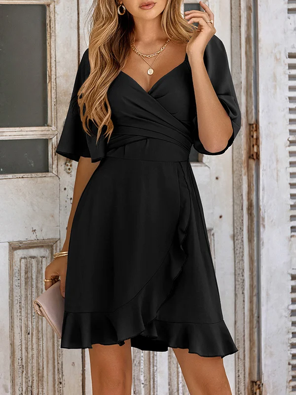 Tied Waist Split-Joint Solid Color Ruffled Elasticity Loose Half Sleeves V-Neck Mini Dresses