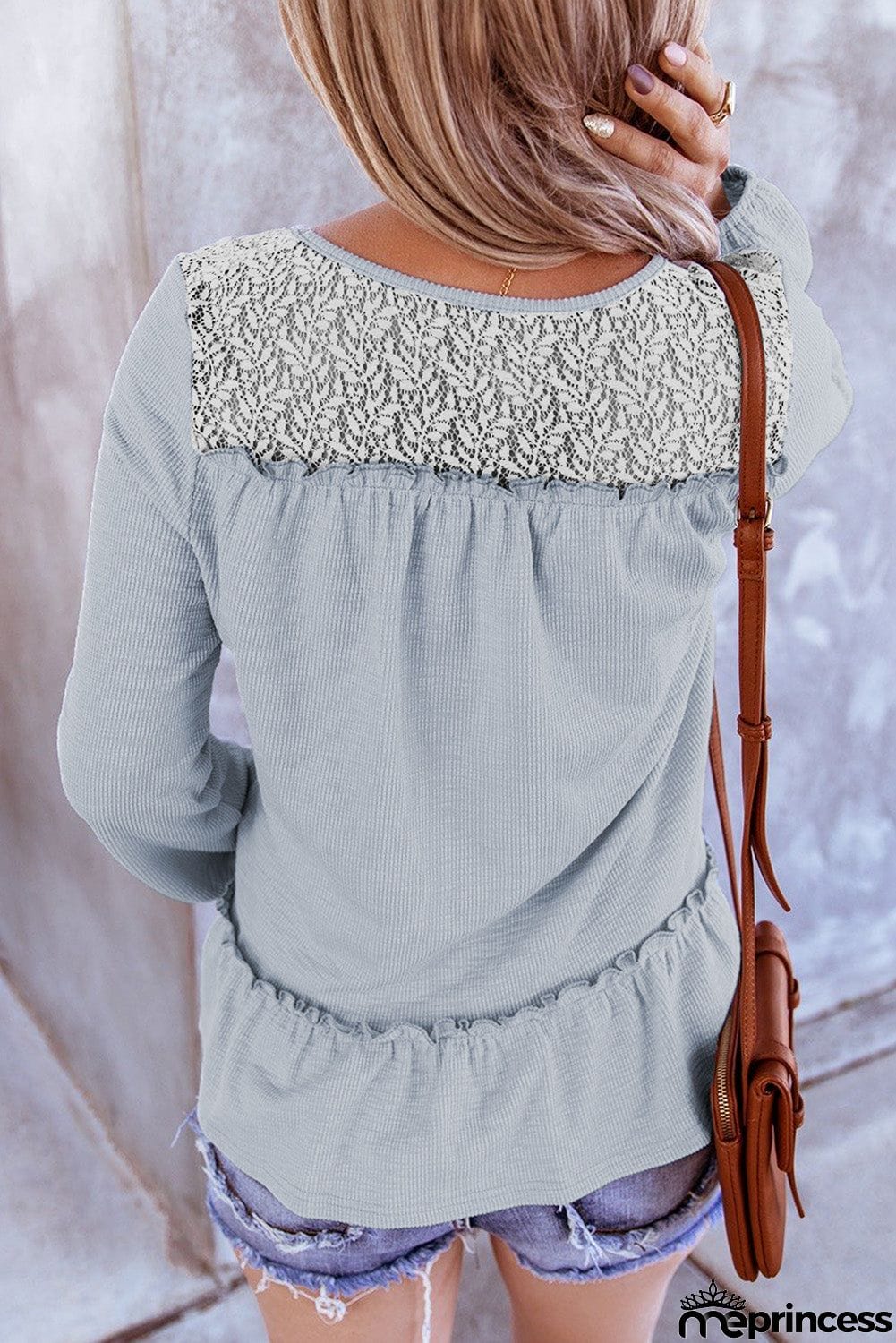 Lace Splicing V Neck Ribbed Top