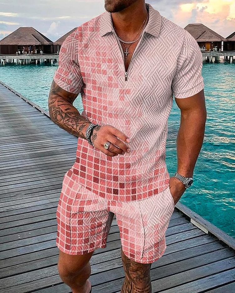 Men's Casual Print Pink Polo Suit