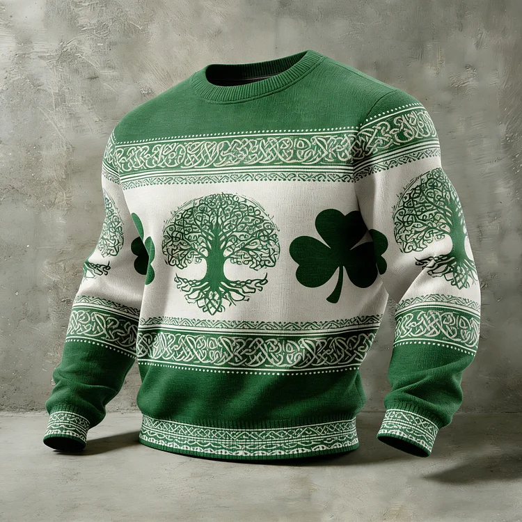 Men's St. Patrick's Day Themed Shamrock And Tree Of Life Pattern Comfortable Crew Neck Sweater