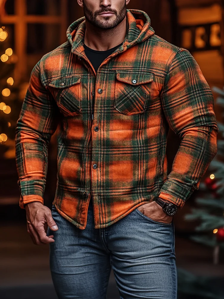 Men's Christmas Plaid Cotton and Linen Long Sleeve Hooded Shirt