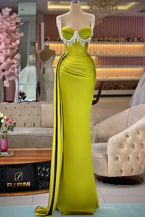 Lisliy Elegant Green Sleeveless Straps Beadings Pleated Prom Dress