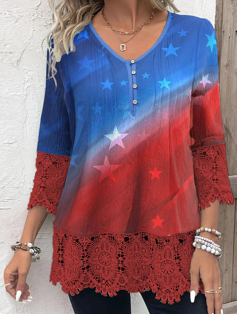 Women 3/4 Sleeve V-neck Colorblock Printed Graphic Button Lace Tops