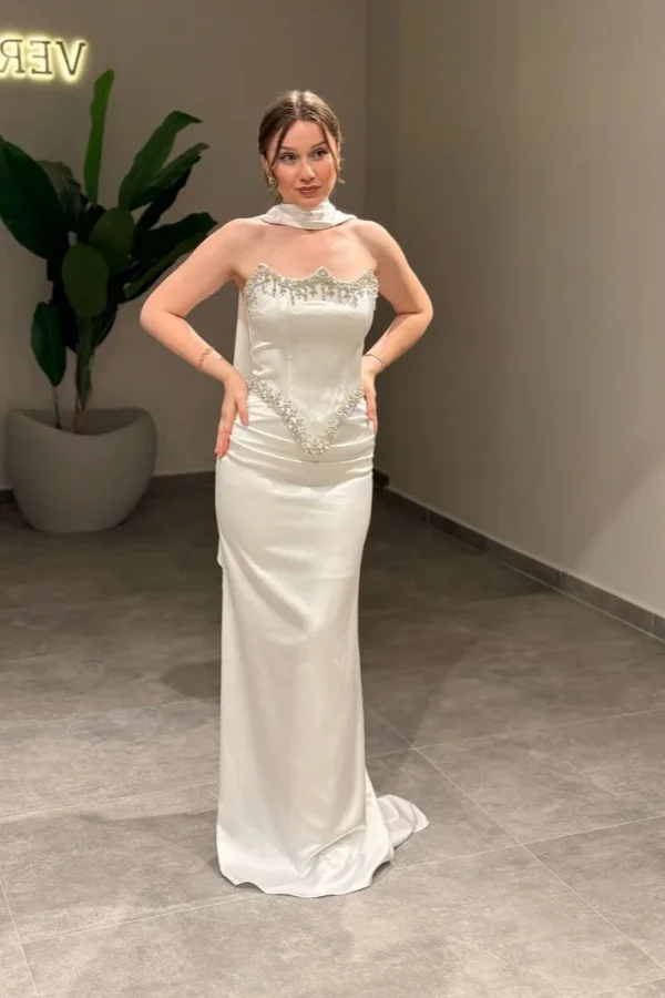 Miabel Gorgeous Satin Beaded Sleeveless Strapless Prom Dress with Scarf   