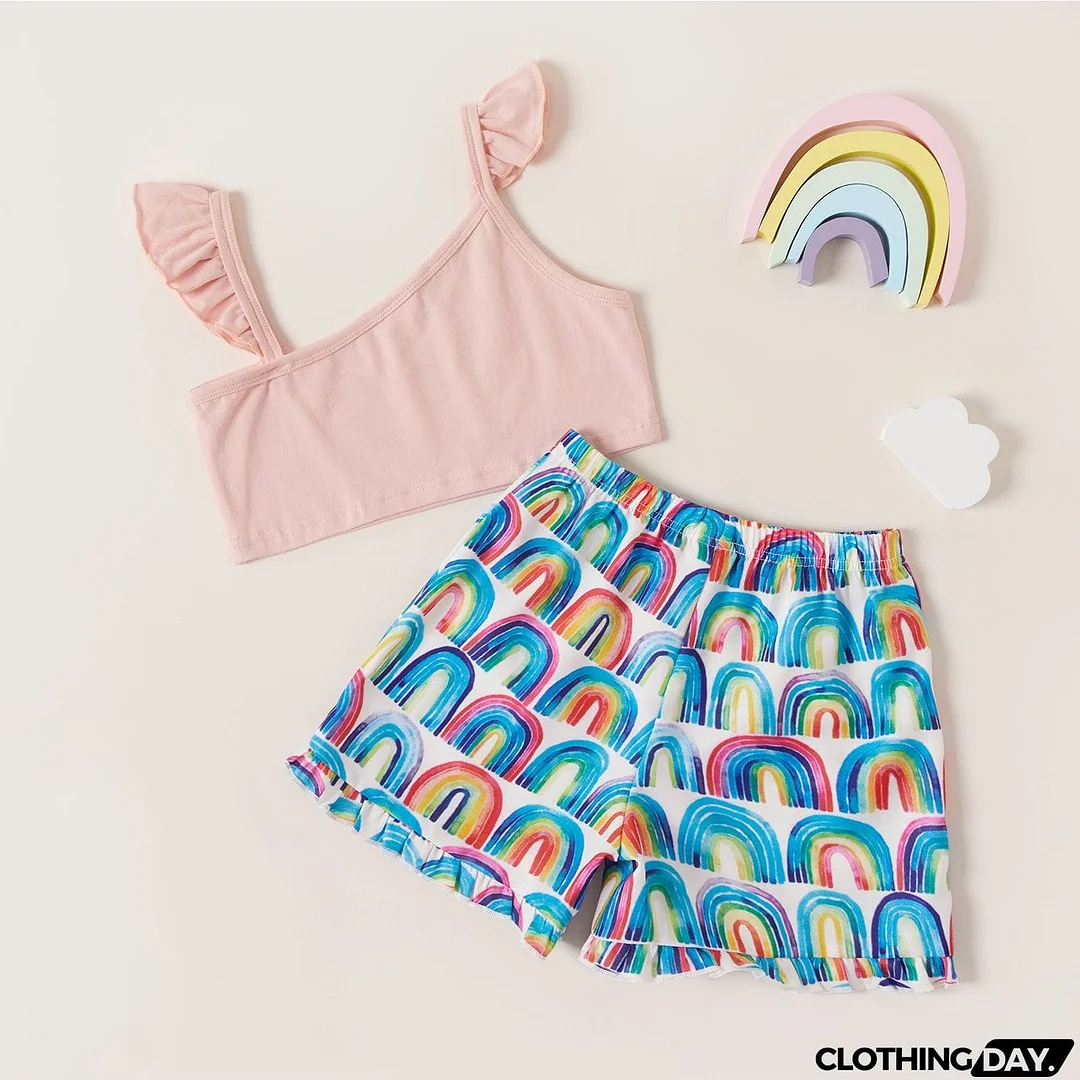 Asymmetrical Neck Top and Rainbow Print Shorts Set