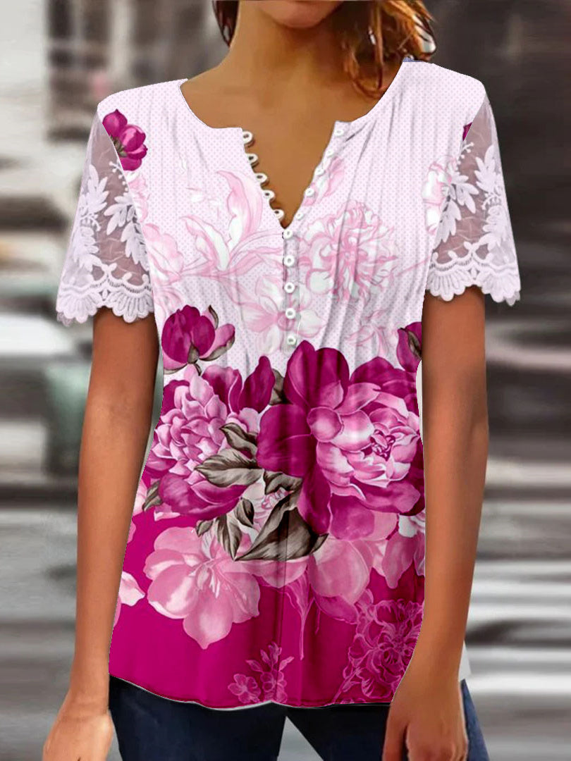 Women Long Sleeve V-neck Graphic Floral Printed Top