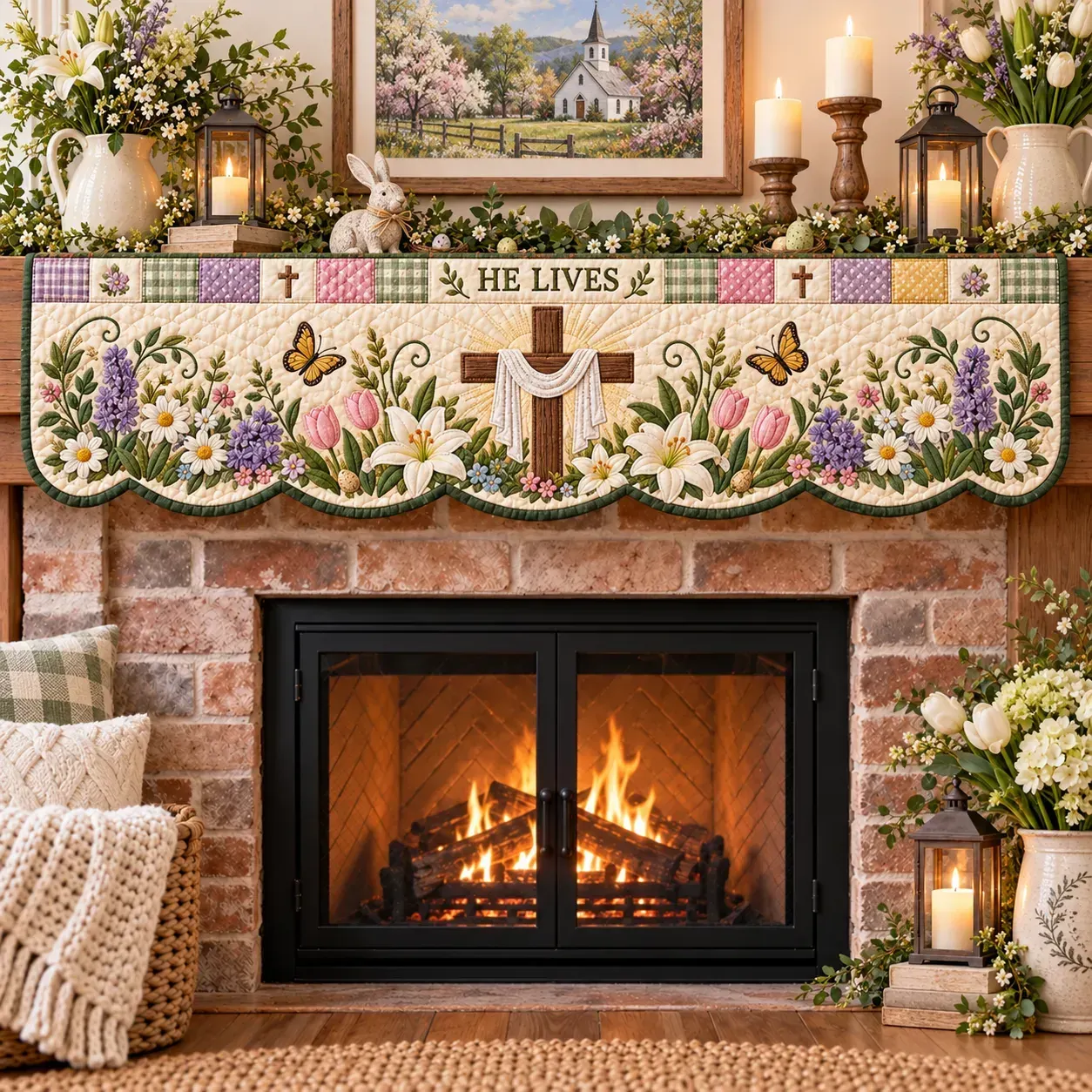 He Lives Easter mantel scarf with a draped cross, flowers and butterflies
