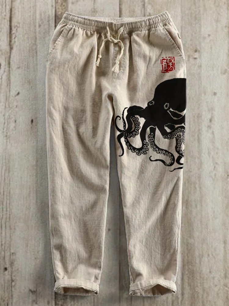Comstylish Octopus Japanese Lino Art Linen Blend Casual Pants