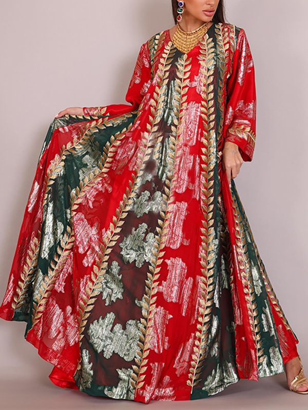 Red leaves gild loose maxi dress
