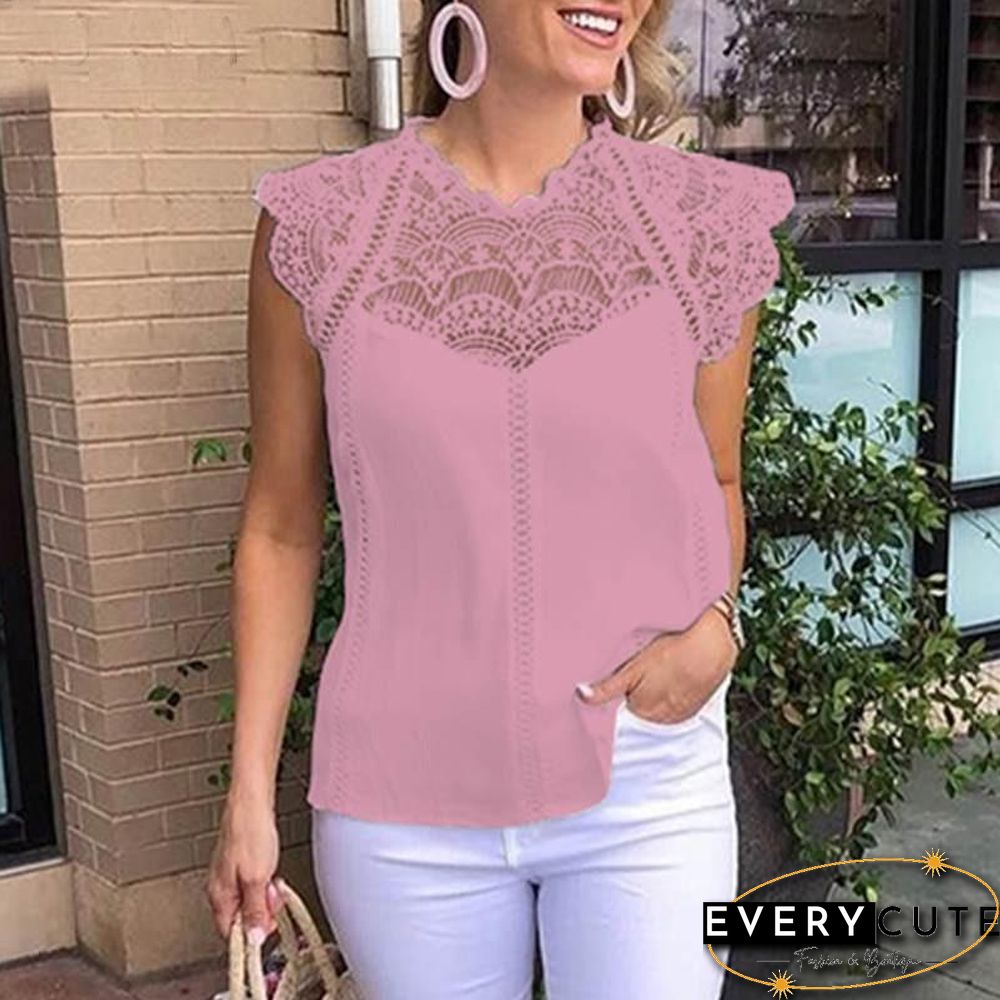 Women Blouse Sexy Sleeveless Lace OL Office Ladies Shirt Hollow Party Tops