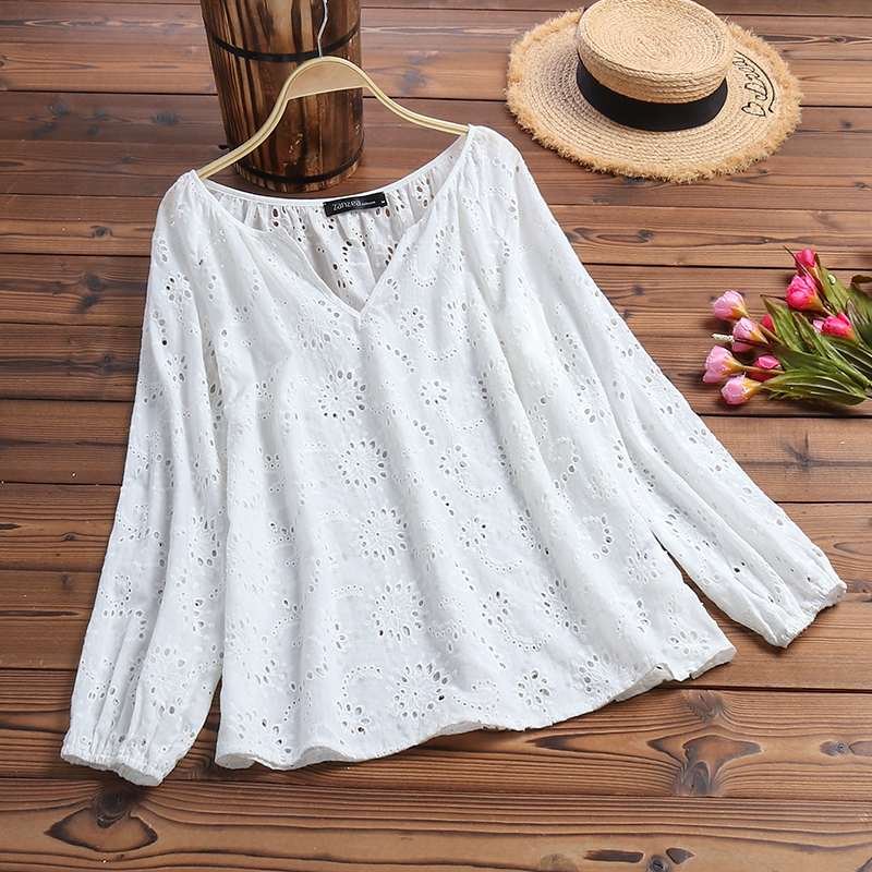 ZANZEA 2022 Elegant Lace Tops Women's Embroidery Blouses Casual V Neck Blusas Female Hollow Long Sleeve Summer Tunic Oversized