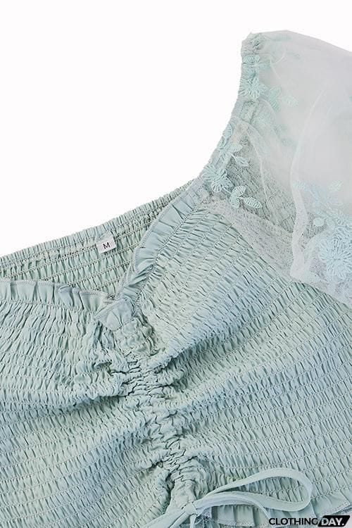 Shirring Detail Frill Hem Leaf Pattern Mesh Top