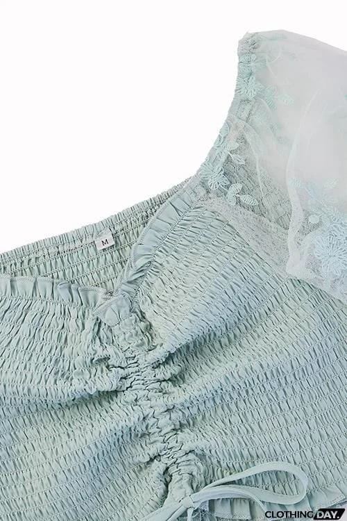 Shirring Detail Frill Hem Leaf Pattern Mesh Top