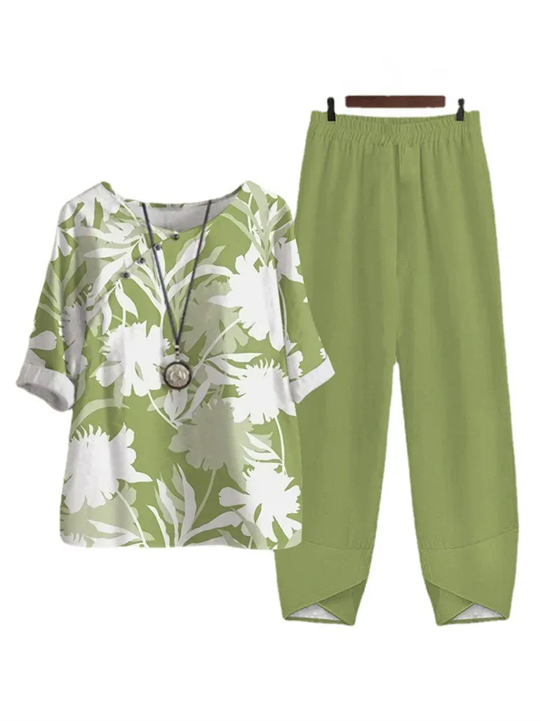 Women's Round Neck Short Sleeve Floral Printed Top Trousers Two-Piece Set