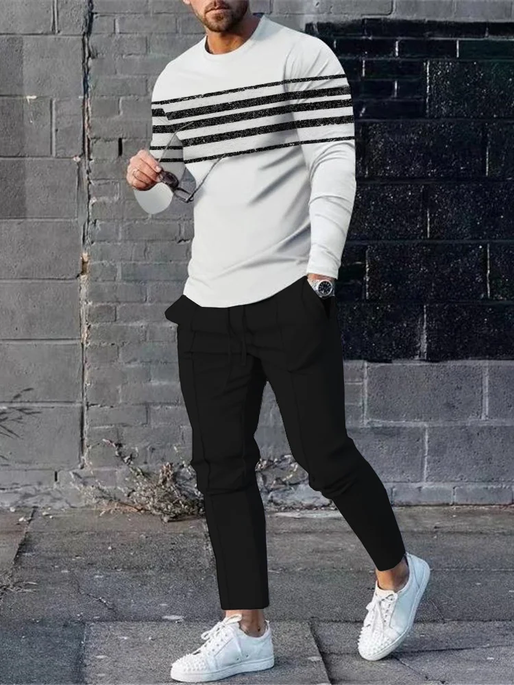 Men's fashion casual black print long sleeve two-piece set