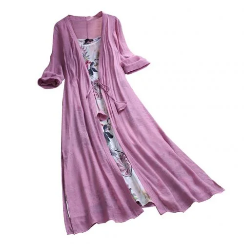 Summer Female 2Pcs/Set Plus Size Lady Flower Print Cotton Linen Sleeveless Sling Dress with Cardigan Long Casual Богемия платье