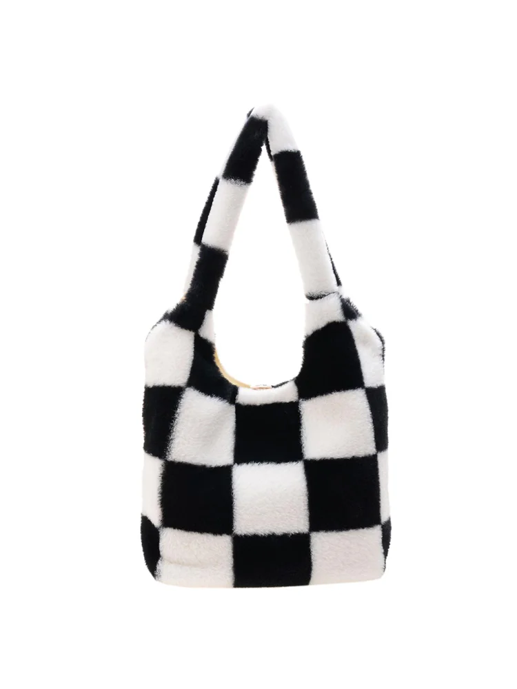 Fashion Women Underarm Bag Large Capacity Plush for Autumn Winter (Black and whi