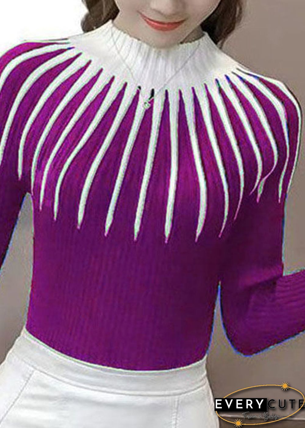 Fashion Green Turtleneck Striped Thick Knit Sweaters Bottoming Shirt