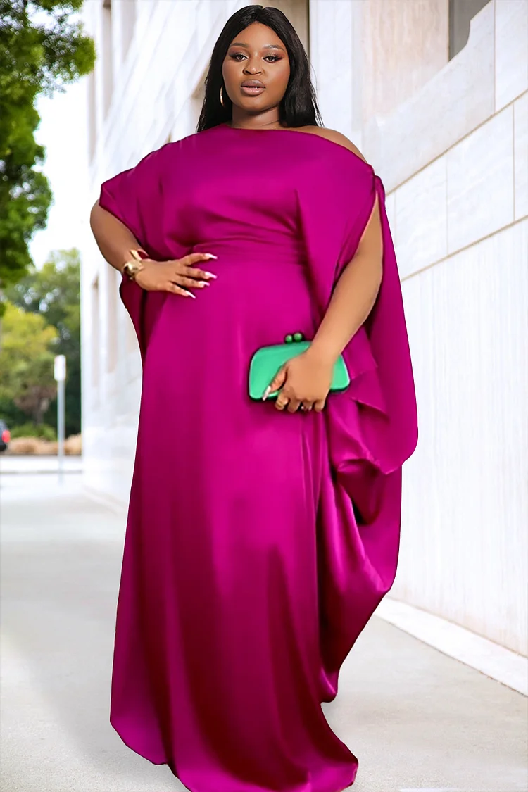 Xpluswear Design Plus Size Semi Formal Dress Magenta Solid One Shoulder Split Sleeve Maxi Dress 