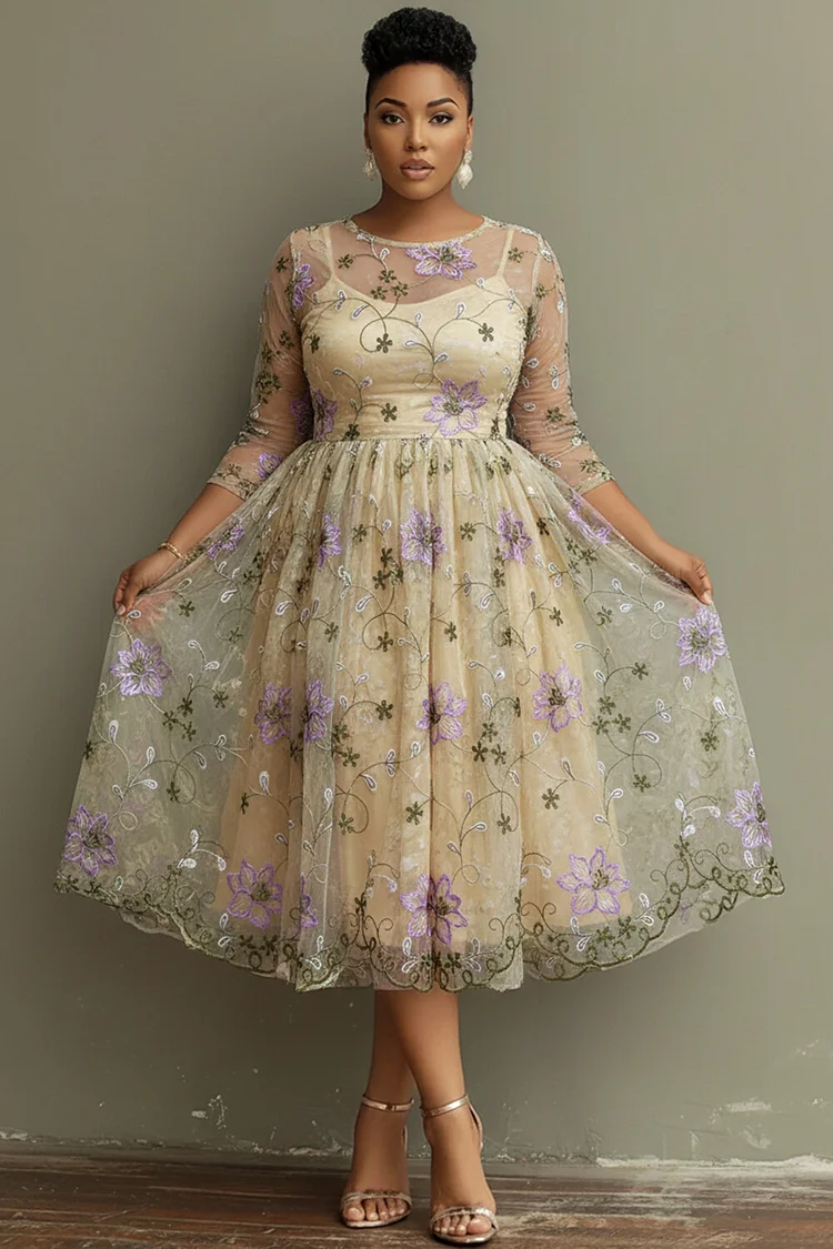 Xpluswear Design Plus Size Cocktail Party Elegant Multicolor Floral Round Neck 3/4 Sleeve See Through Lace Midi Dresses [Pre-Order] 2024 - Xpluswear