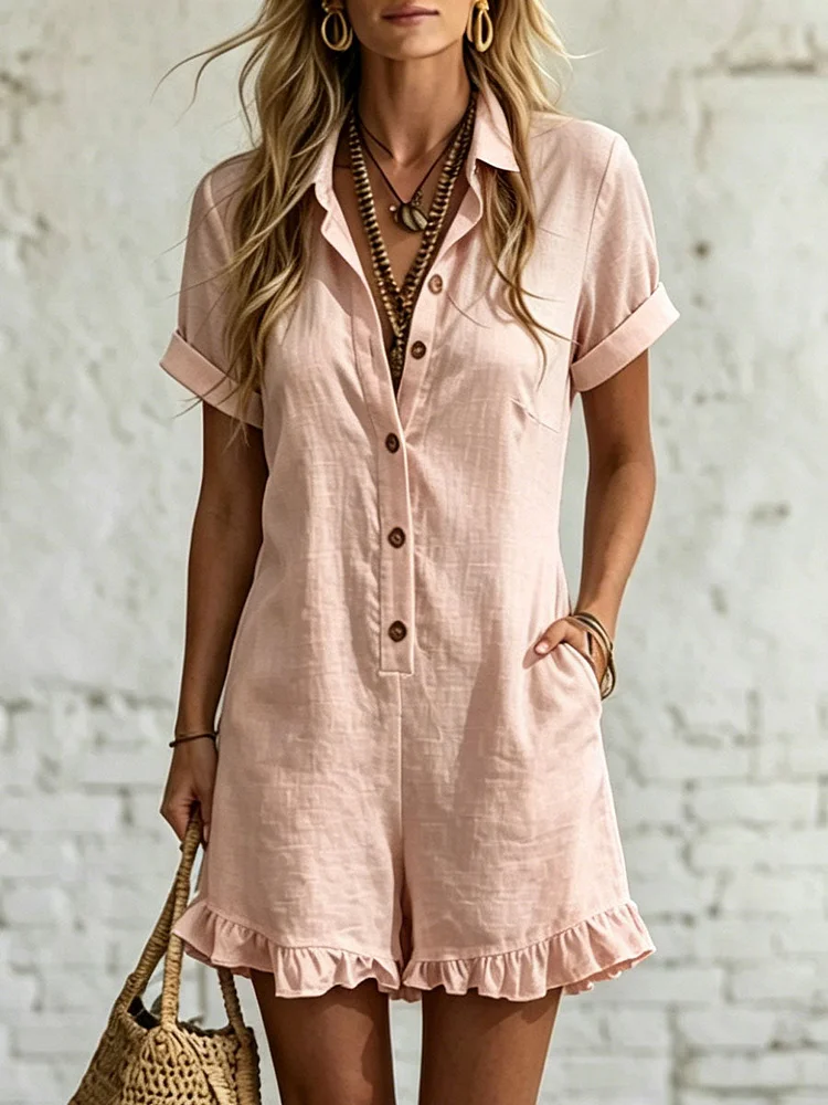 Women's Short-sleeve Shirt Romper &acirc; Pleated Cotton-linen Jumpsuit