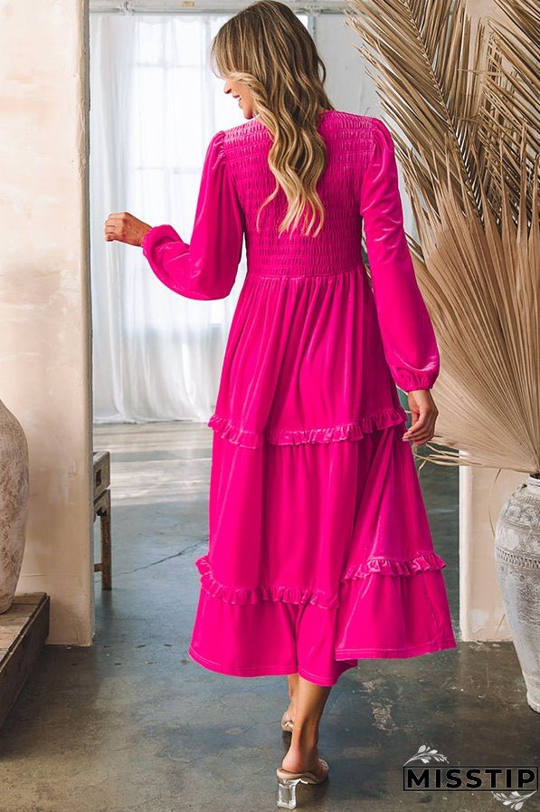 Shirred V Neck Long Sleeve Velvet Dress