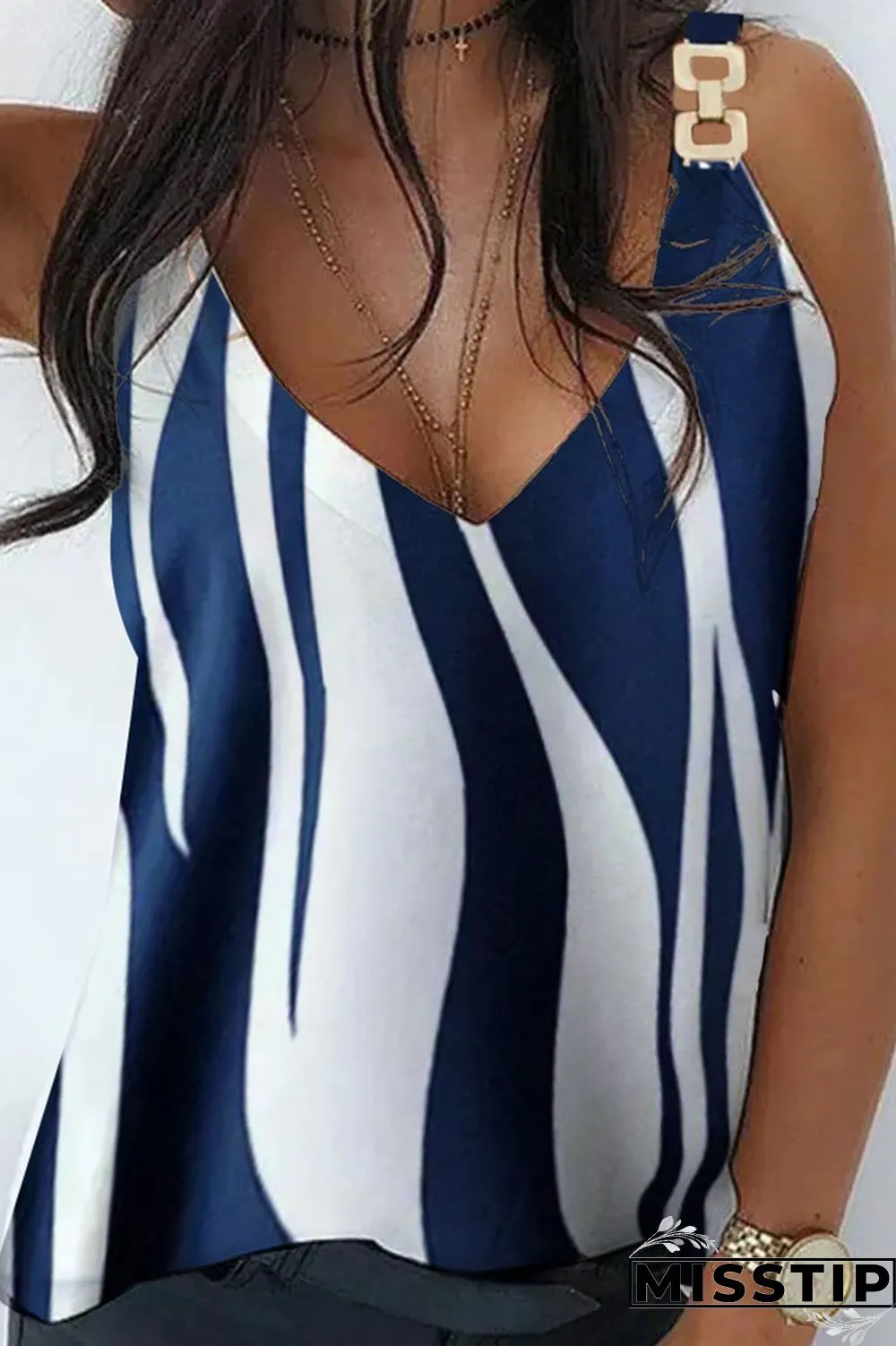 Khaki Casual Street Print Patchwork Metal Accessories Decoration V Neck Tops