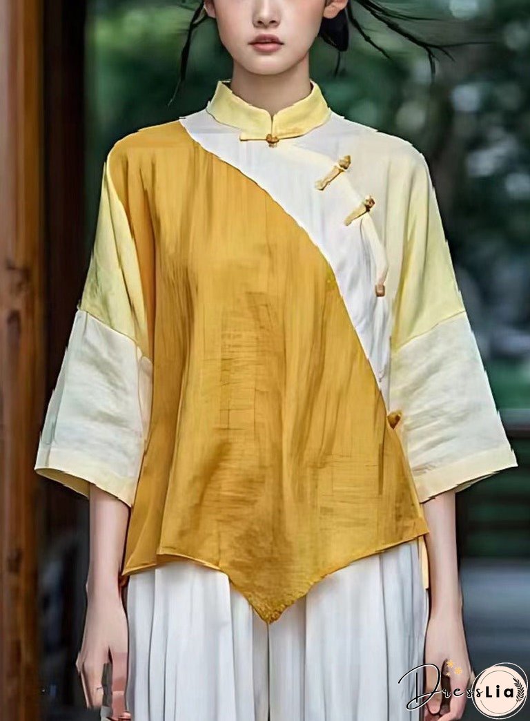 Yellow Patchwork Linen Chinese Style Top Asymmetrical Design Summer