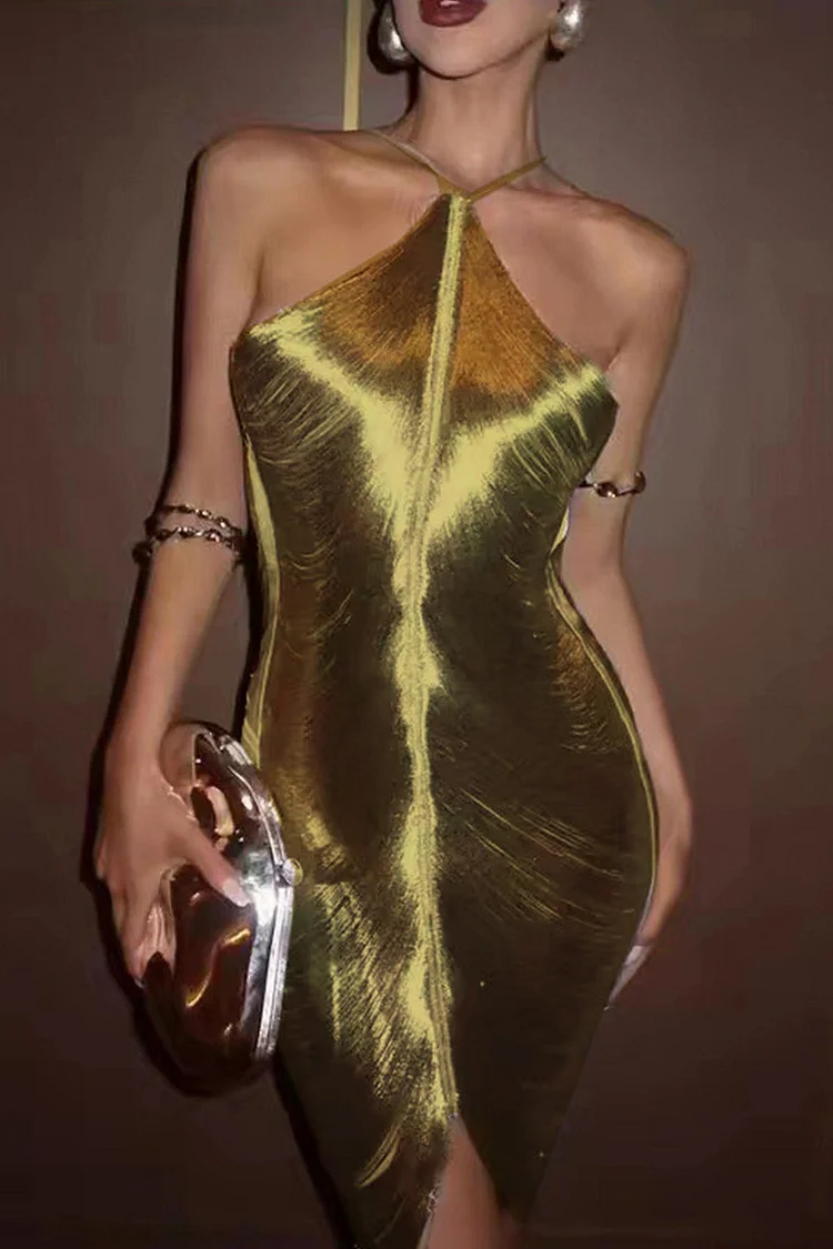 Party Champagne Halter Collar Fringe Backless Mini Dress