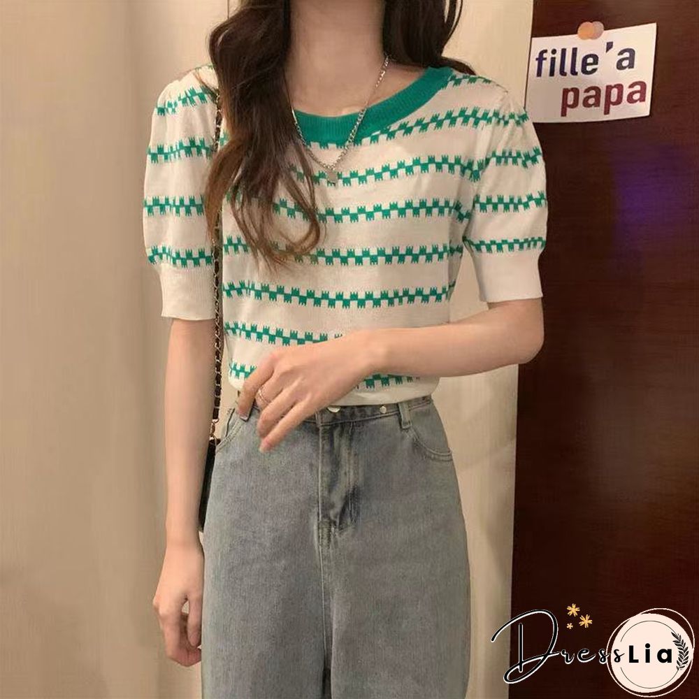 Summer New Korean Version Loose And Thin Design Striped Short-sleeved Knitted Shirt Women