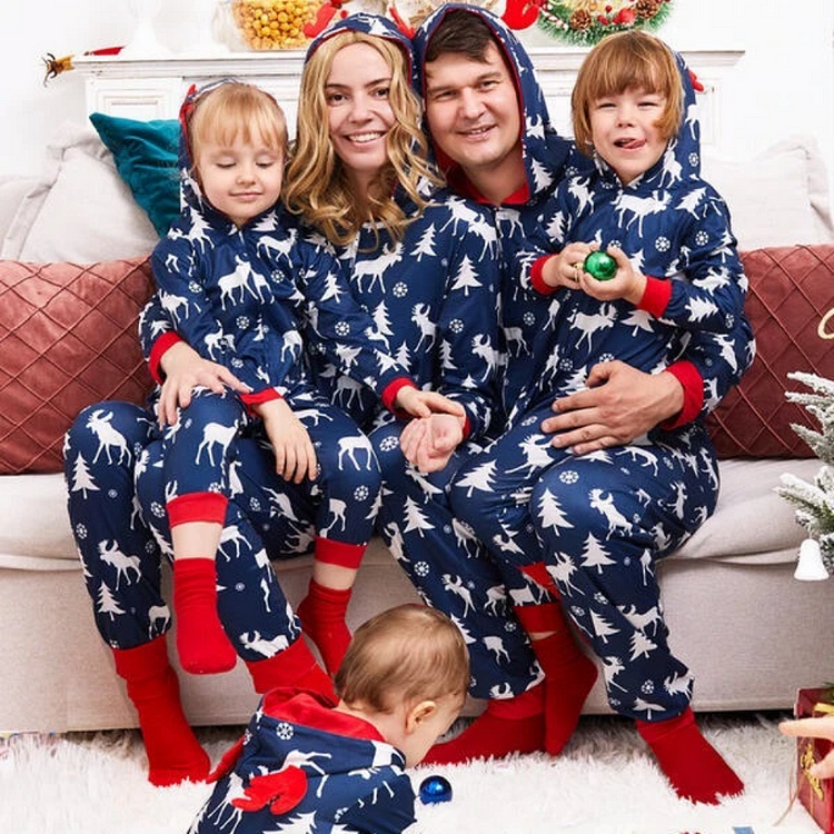 Reindeer Blue Christmas Parent-child Hooded One-piece Pajamas