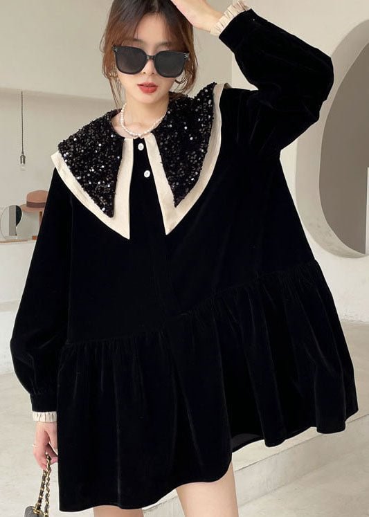 Boutique Black Sequins Patchwork Velour Dress Winter CK603- Fabulory