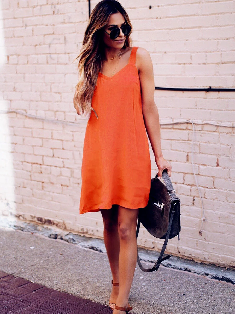 V-Neck Straps Solid Color Dress