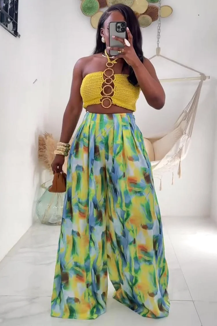 O-Ring Knit Top Print Wide Leg Pants Vacation 2pcs Set-Yellow