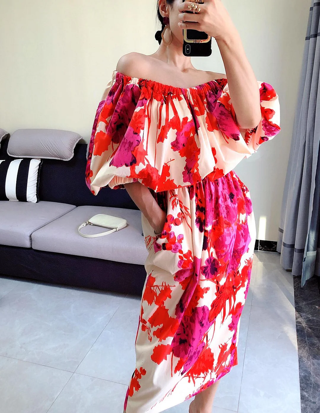 chic design style slash neck printing temperament slimming bubble sleeve sexy dresses famale 2020 high street new