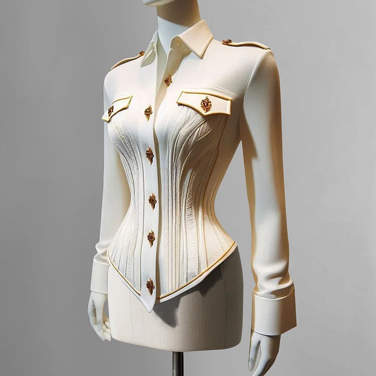 Retro Shirt Collar Long Sleeve Gold Buttons Corset Blouse