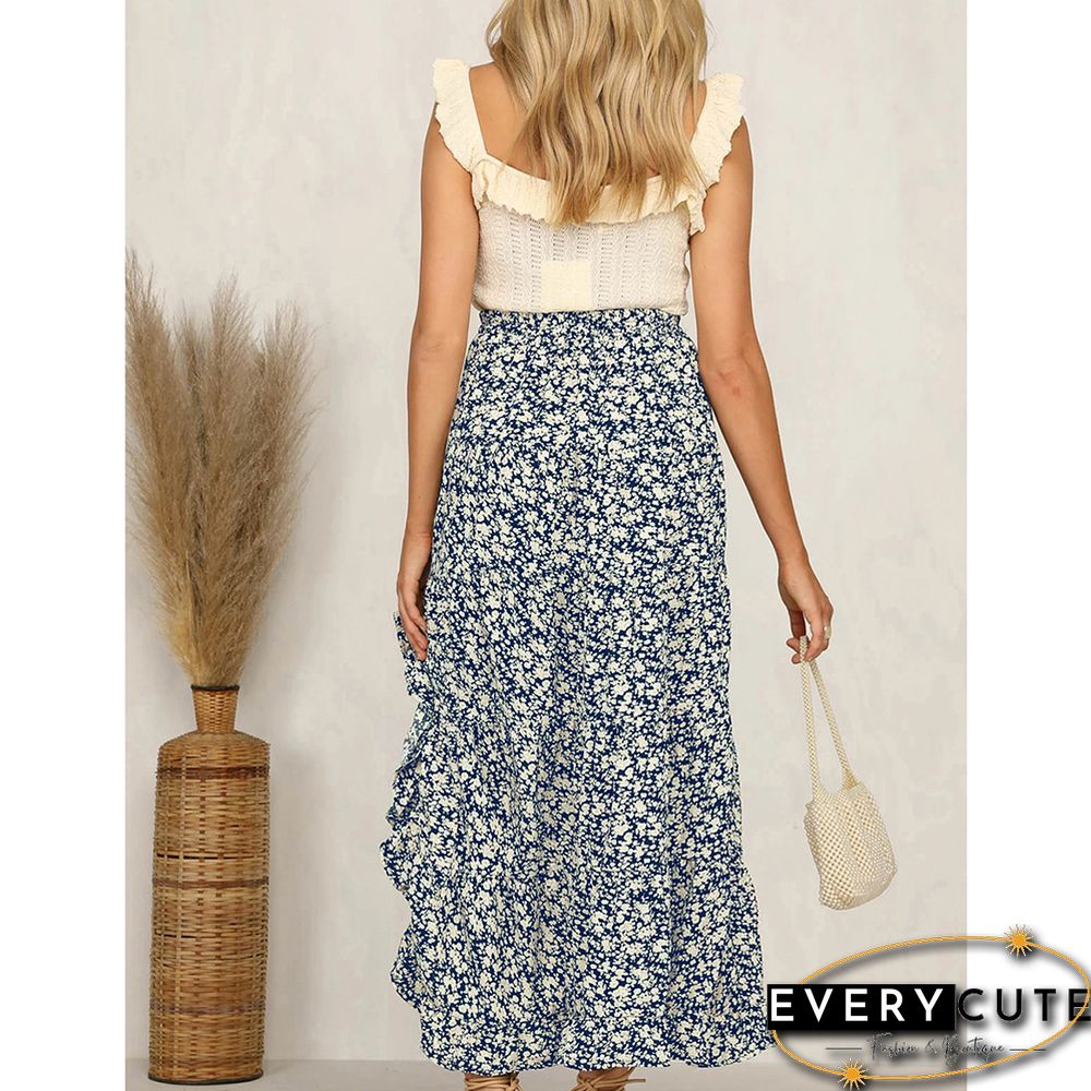 Navy Blue Elastic Waist High Low Ruffled Floral Skirt