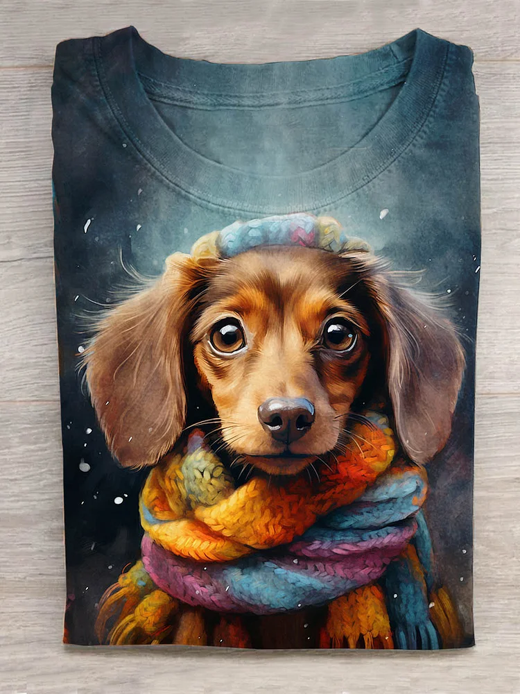 Rainbow Scarf Dachshund Dog Animal Art Print Design T-shirt