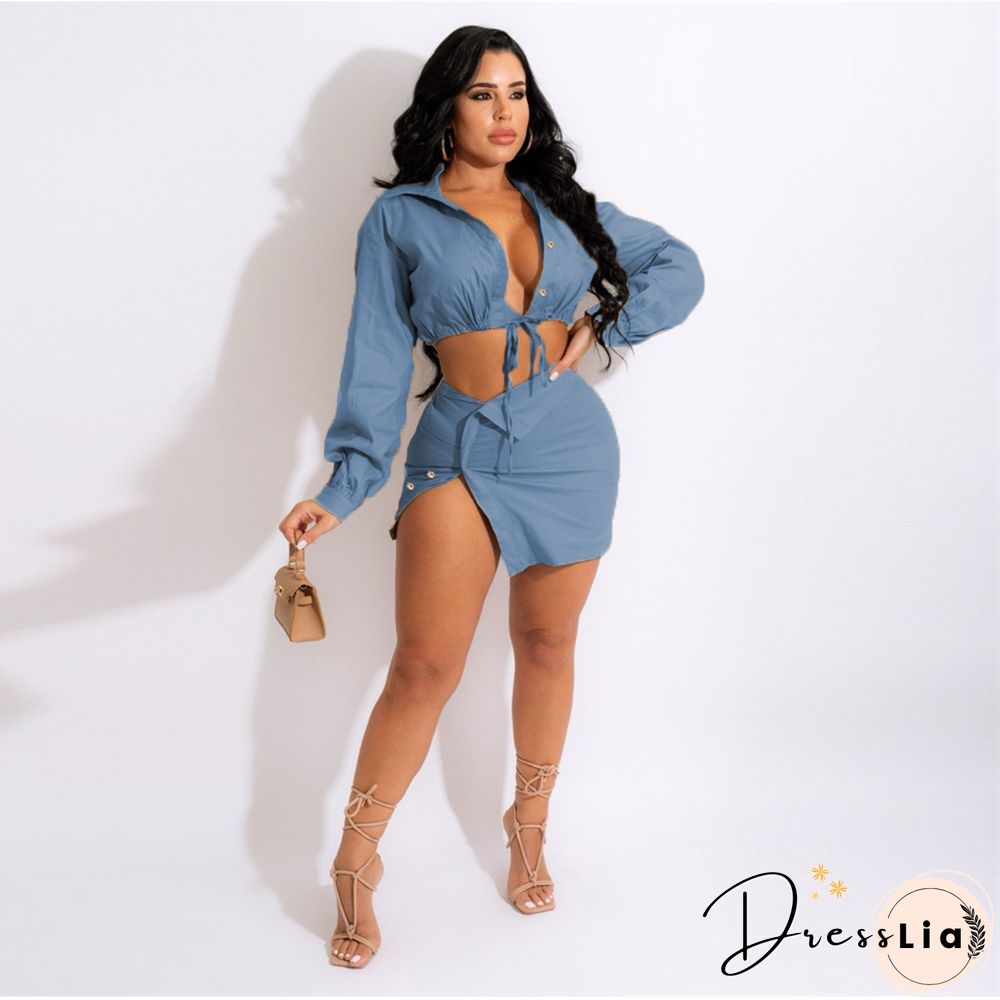 Lace Up Long Sleeve Shirt Crop Top Mini Skirt Set