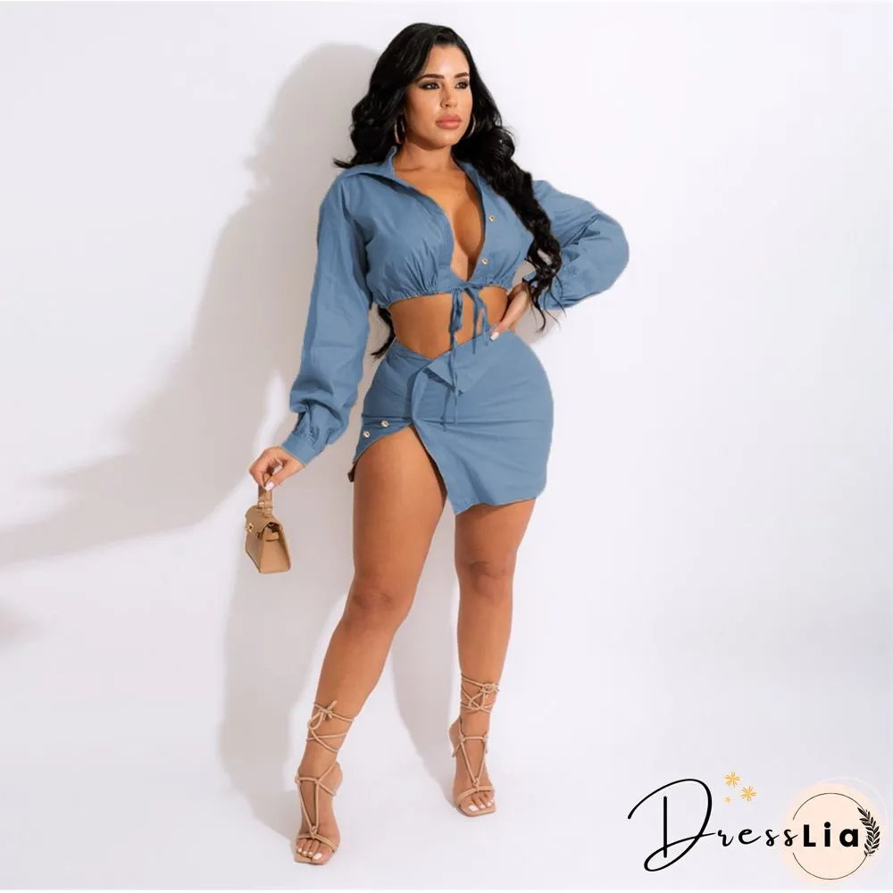 Lace Up Long Sleeve Shirt Crop Top Mini Skirt Set
