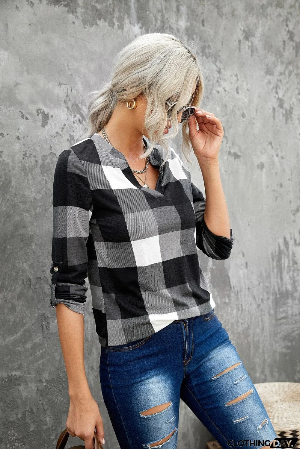 Contrast Plaid V Neck Long Sleeve Top