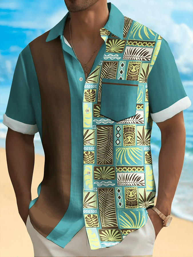 Men's Vintage Hawaiian Totem Print Short Sleeve Pockets Shirt