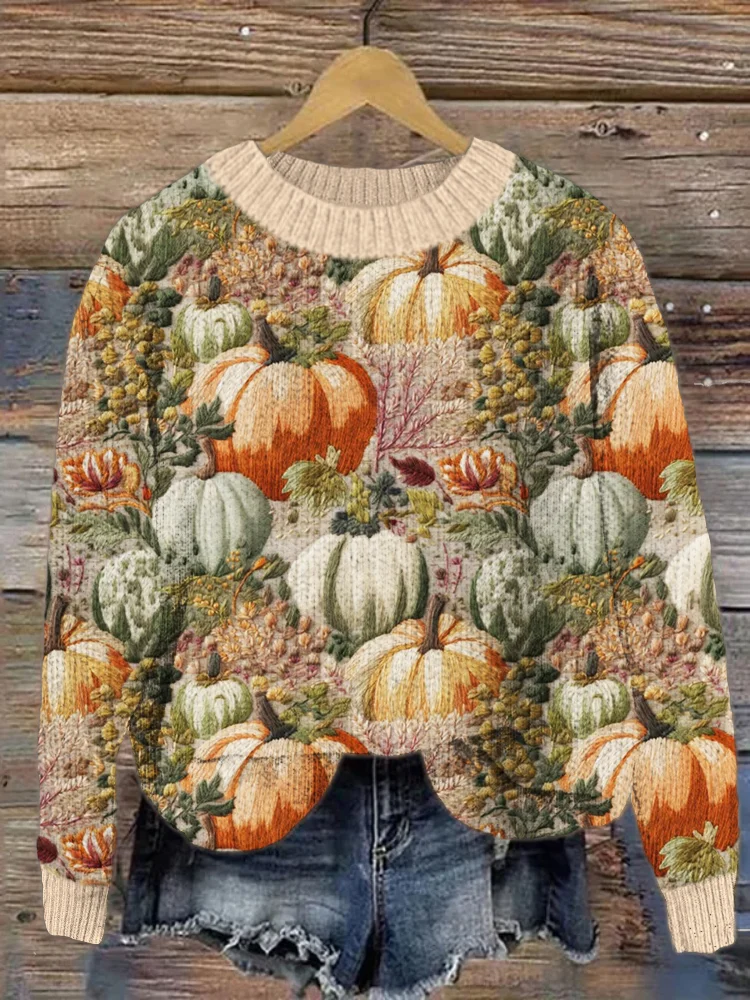 Comstylish Pumpkin Embroidery Crew Neck Sweater