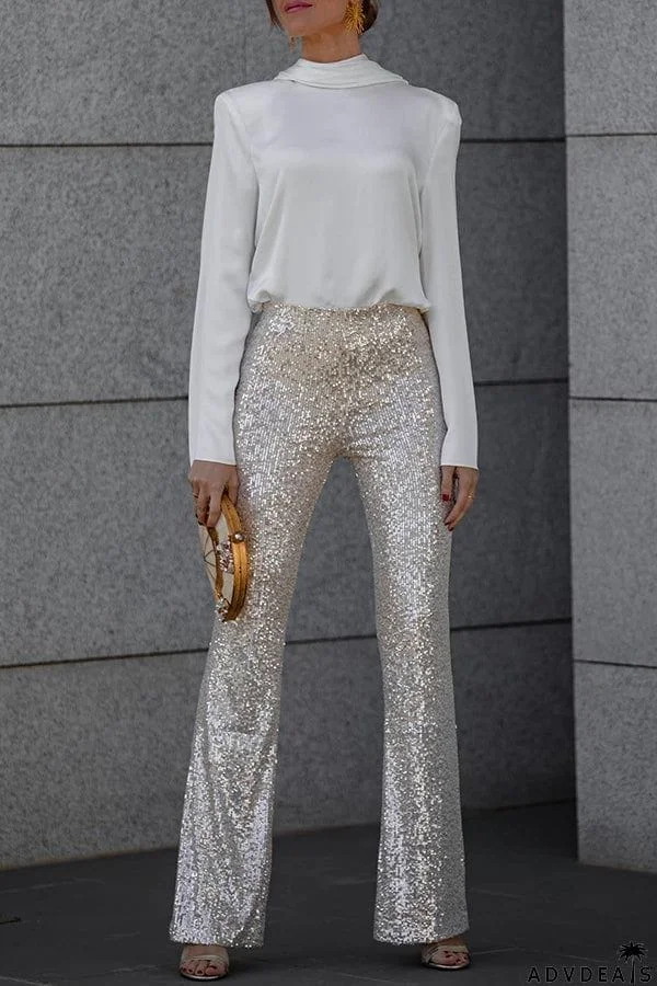 Diva Sequin High Rise Elastic Waist Flare Pants