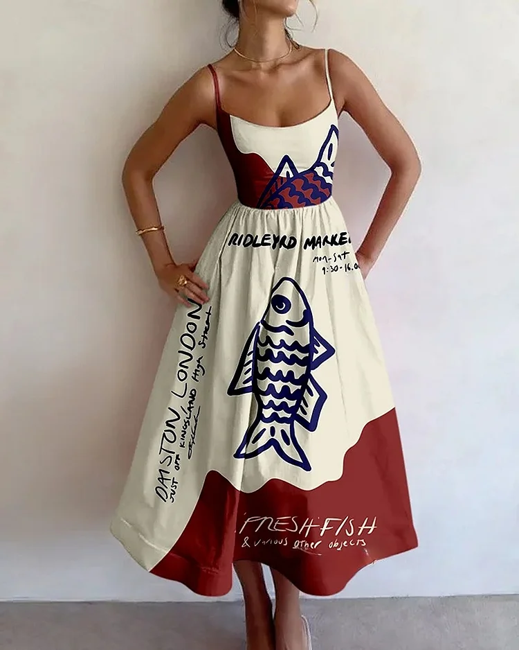 Vintage abstract fish print slip dress