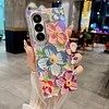 Oil painting flowers blue light rhinestones for Samsung Z Fold mobile phone case