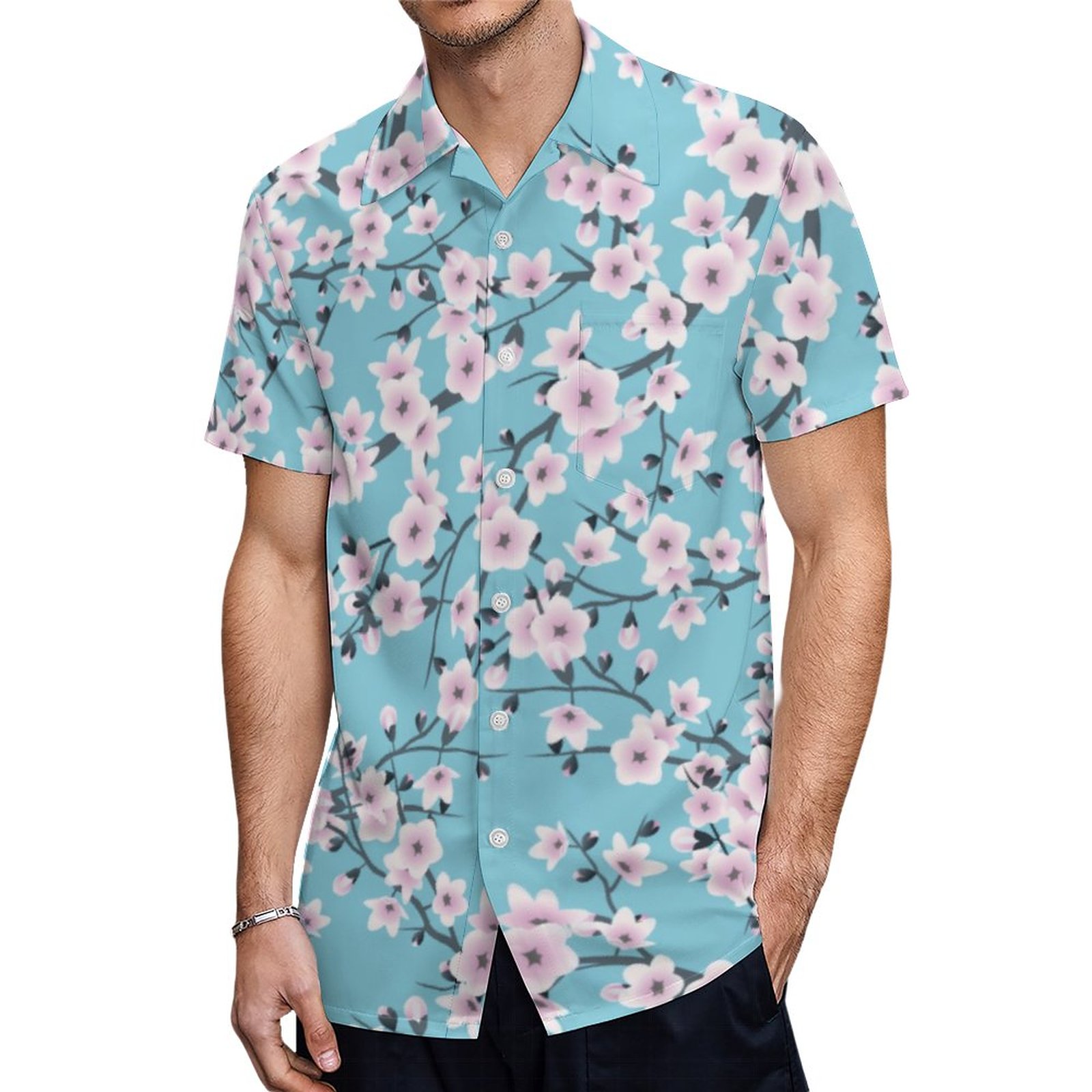 Floral Cherry Blossoms Pink Blue Hawaiian Shirt Mens Button Down Plus Size Tropical Hawaii Beach Shirts